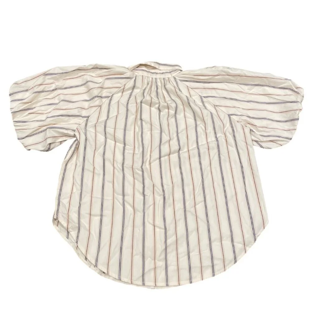 NWT Madewell Sz M Shirred Bubble-Sleeve Button-Up Shirt Poplin Coffee Tan Stripe - Picture 7 of 12